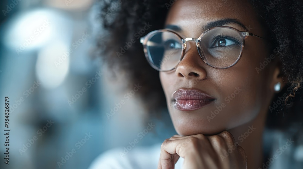 A thoughtful woman in glasses gazes into the distance, her chin resting on her hand, within a professional setting, exuding calm intelligence and contemplation. A thoughtful woman in glasses gazes into the distance, her chin resting on her hand, within a professional setting, exuding calm intelligence and contemplation.