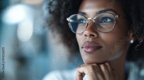 A thoughtful woman in glasses gazes into the distance, her chin resting on her hand, within a professional setting, exuding calm intelligence and contemplation. photo