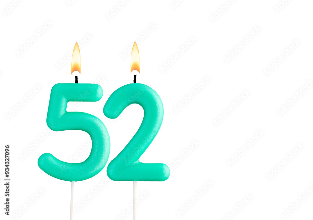 Green birthday candle on white background - Candle number 52