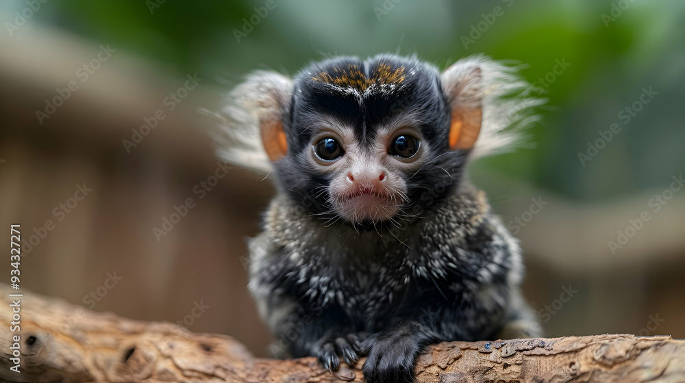 Amazon Black-tufted Marmoset sitting on a branch, its expressive face and fur details visible Amazon Black-tufted Marmoset sitting on a branch, its expressive face and fur details visible