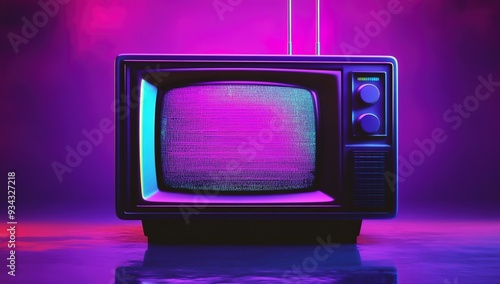 80s TV with static on the screen, a synthwave aesthetic, and a purple background 