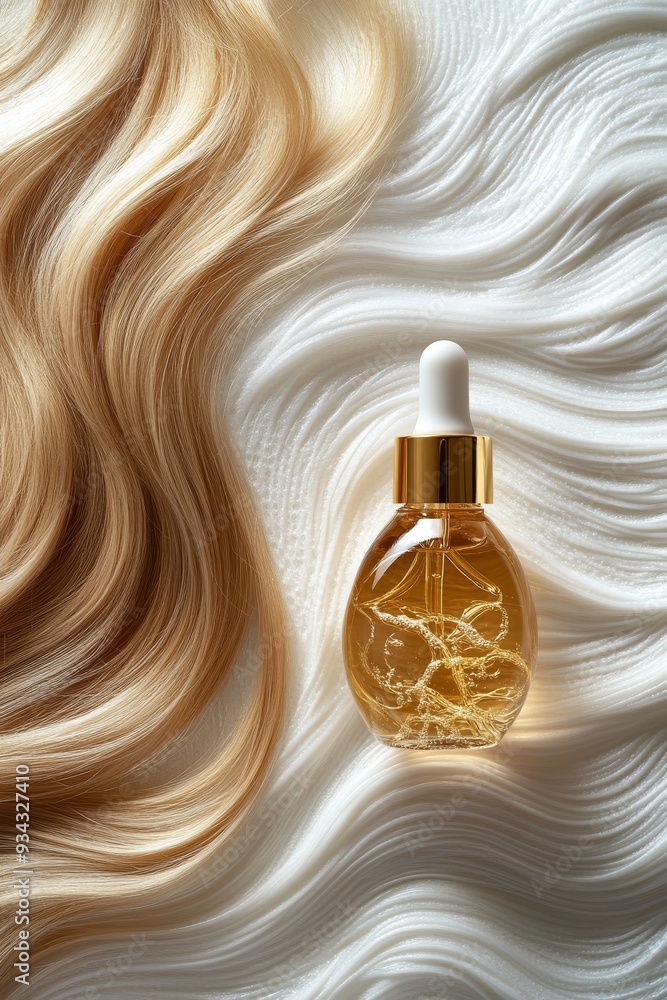 Naklejka premium Hair serum bottle resting on luxurious blonde waves in soft lighting