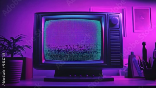 80s TV with static on the screen, a synthwave aesthetic, and a purple background 