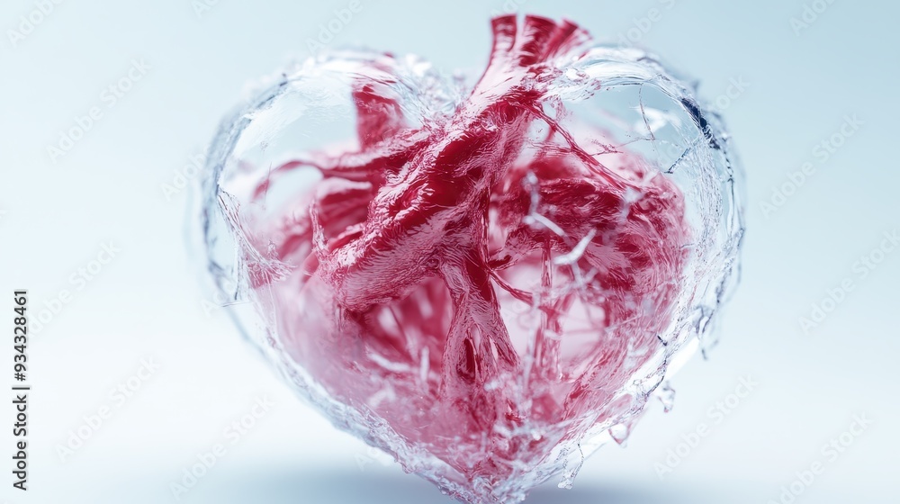 This image captures a heart surrounded by clear ice highlighting vibrant red arteries within. It highlights the intersection of human vulnerability and resilience in a captivating manner. This image captures a heart surrounded by clear ice highlighting vibrant red arteries within. It highlights the intersection of human vulnerability and resilience in a captivating manner.