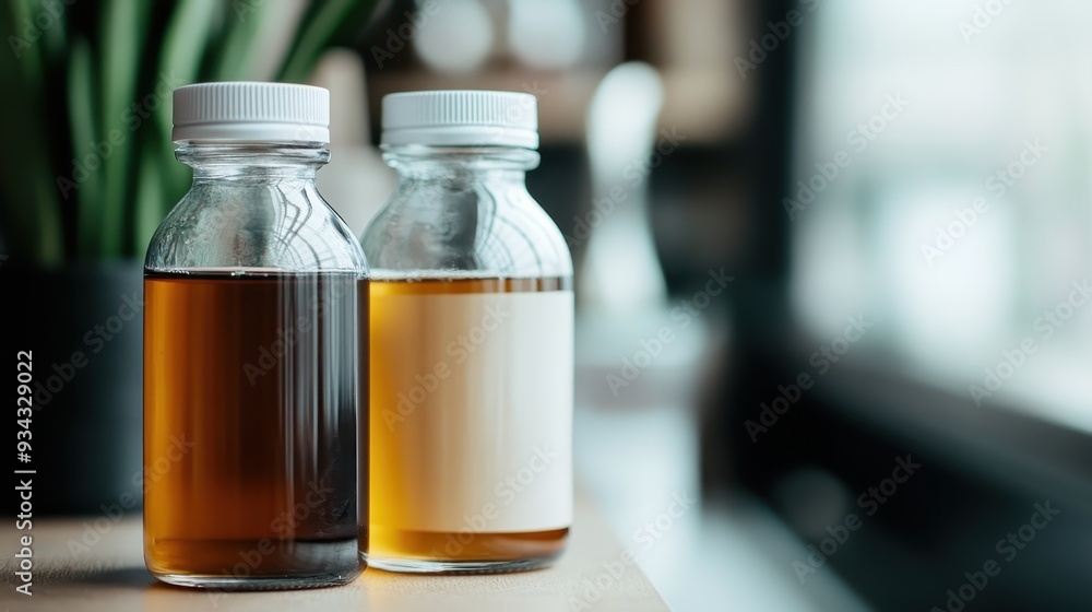 Image shows two glass jars filled with dark liquid and sealed with white caps, placed on a wooden table, showcasing transparency and depth of the liquid inside the jars. Image shows two glass jars filled with dark liquid and sealed with white caps, placed on a wooden table, showcasing transparency and depth of the liquid inside the jars.
