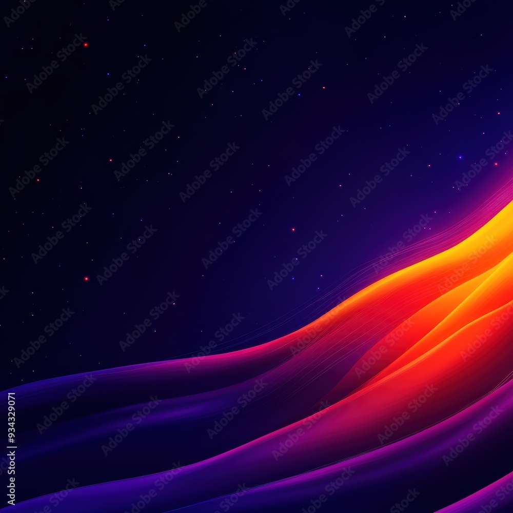 Fototapeta premium A vibrant abstract design featuring flowing waves of orange and purple against a dark background, evoking a sense of motion and energy.