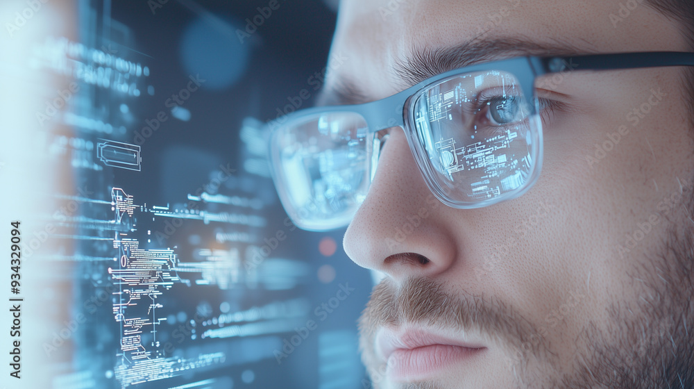 eyes of focused male IT specialist analyzing complex data streams, surrounded by augmented reality holograms and artificial intelligence visualizations, symbolizing advanced techno eyes of focused male IT specialist analyzing complex data streams, surrounded by augmented reality holograms and artificial intelligence visualizations, symbolizing advanced techno
