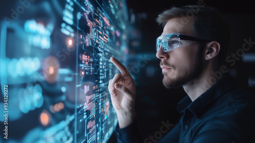 A male IT professional immersed in a high-tech environment, interacting with augmented reality interfaces and AI-driven data analytics, showcasing the future of information technol