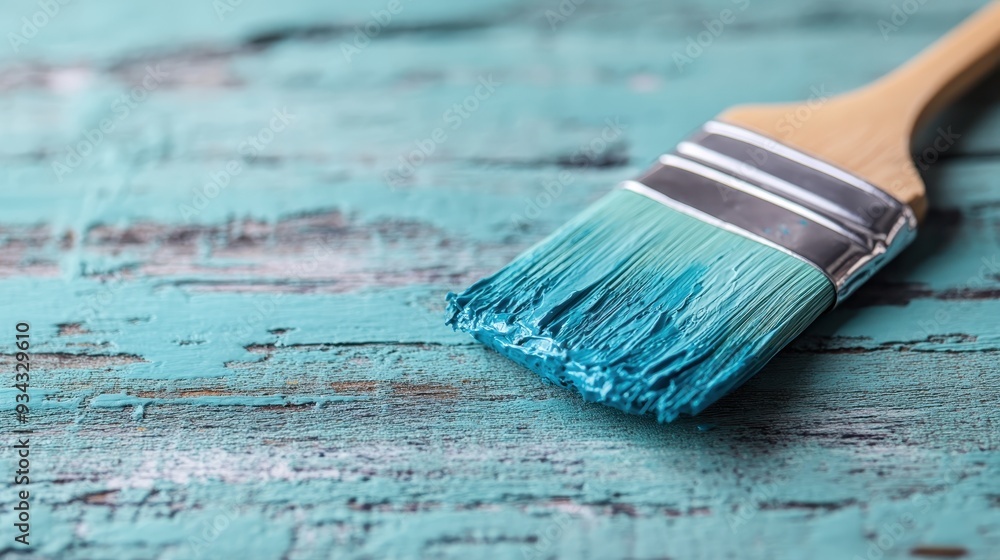 A paintbrush covered in blue paint lying on a distressed, weathered wooden surface, illustrating a rustic, artistic scene often seen in creative workshops. A paintbrush covered in blue paint lying on a distressed, weathered wooden surface, illustrating a rustic, artistic scene often seen in creative workshops.