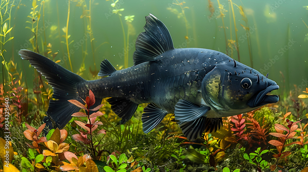 Fototapeta premium Amazon Black Armored Catfish swimming in clear waters, its unique body structure and armor visible