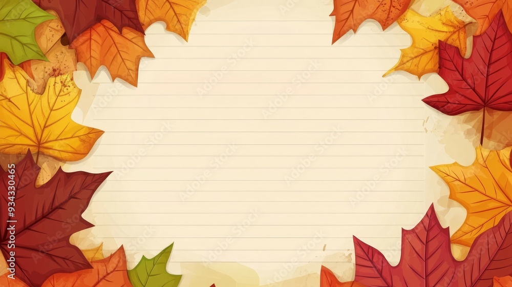 Autumn leaves border with lined paper background for writing notes or crafting ideas Autumn leaves border with lined paper background for writing notes or crafting ideas
