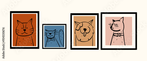A set of paintings with funny pets. Cats and dog in frames in hand drawing style. Vector illustration