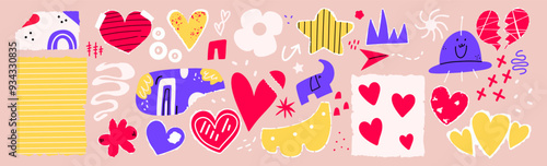 Abstract different contemporary shapes. Various romantic paper cut hearts. Trendy elements. Vector illustration. 