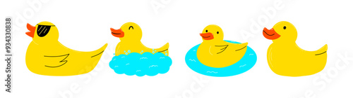 Set of different funny rubber baby ducks for bath. Vector illustration
