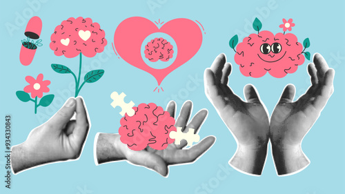 A set of conceptual stickers about mental health. Retro collage with hands made of dots, brains and other elements. Vector illustration