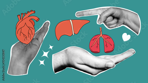 Medical retro collage with internal organs. Halftone hands with flat vector illustration.