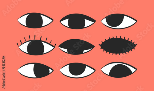 Cartoon open, closed and looking in different directions eyes. Vector illustration
