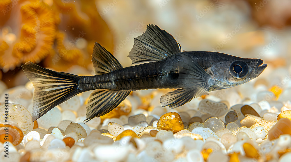 Fototapeta premium Amazon Black Ghost Knifefish swimming in clear waters, its elongated body and fins visible