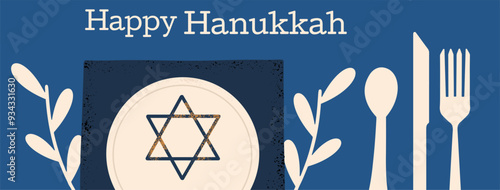 Happy Hanukkah horizontal background with David Star and cutlery. Vector hand draw celebration banner.