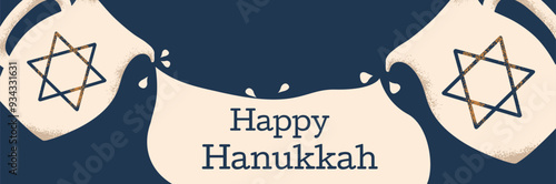 Happy Hanukkah horizontal banner with traditional symbols of the holiday. Vector illustration