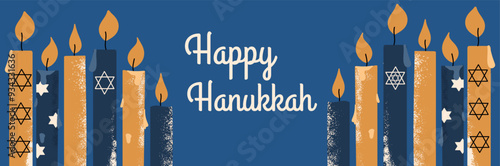 Happy Hanukkah greeting horizontal poster with traditional symbols of the holiday. Hand draw vector illustration