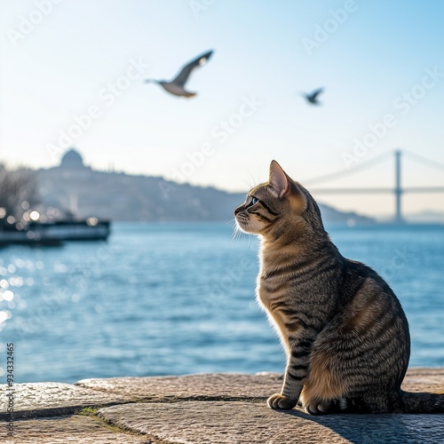 A cat on the shore of the Bosphorus Strait on a clear sunny day. A Turkish cat, seagulls flying around.
