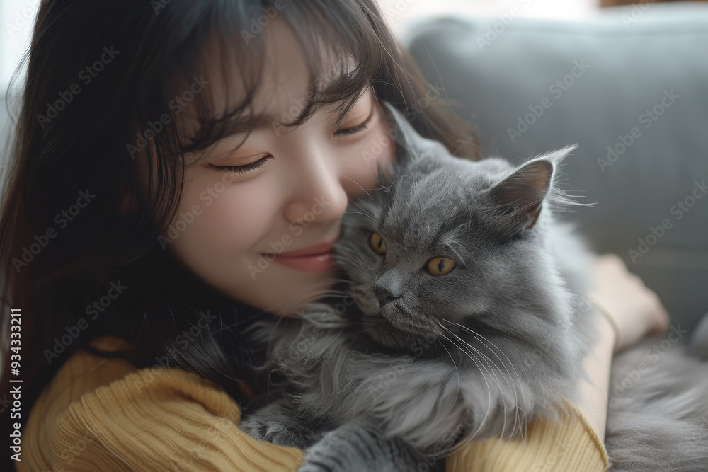 A woman is hugging a cat with long fur A woman is hugging a cat with long fur