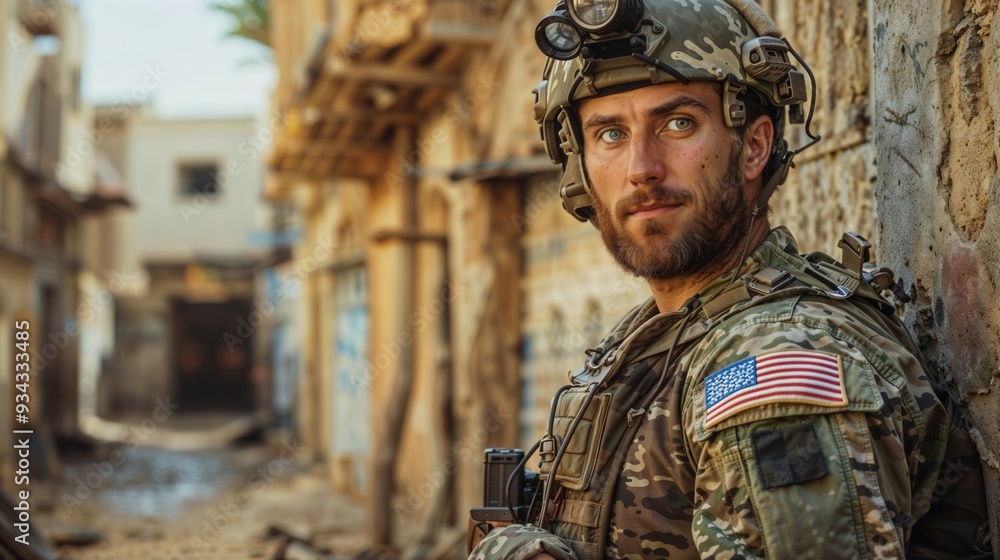 A soldier equipped in tactical gear operating within a complex urban setting or environment A soldier equipped in tactical gear operating within a complex urban setting or environment