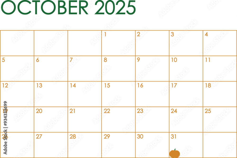 October month 2025 calendar. Simple design in orange and green Halloween colors and a pumpkin marking October 31th