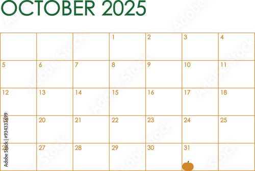 October month 2025 calendar. Simple design in orange and green Halloween colors and a pumpkin marking October 31th