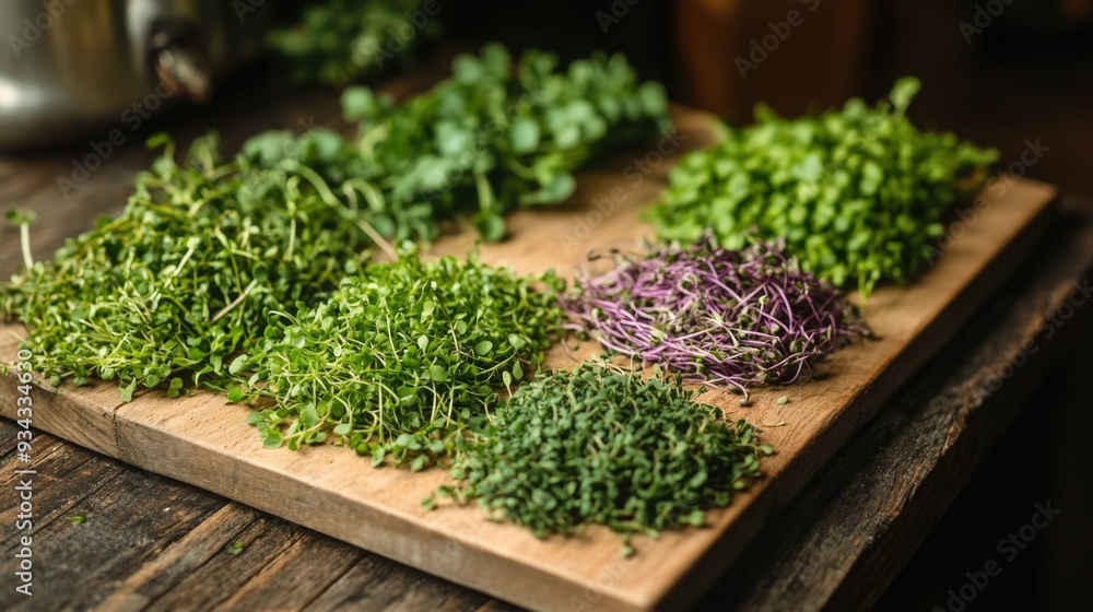different microgreens for adding to food on a wooden board and table.Healthy food concept, culinary trend different microgreens for adding to food on a wooden board and table.Healthy food concept, culinary trend