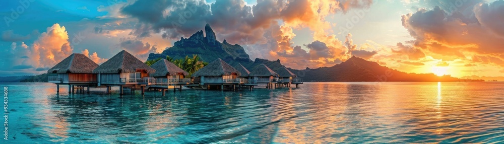 banner. Overwater bungalows at sunset over the ocean, palm trees in the background. exotic vacation and relaxation banner. Overwater bungalows at sunset over the ocean, palm trees in the background. exotic vacation and relaxation