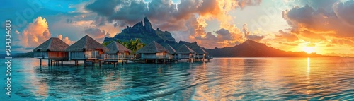 banner. Overwater bungalows at sunset over the ocean, palm trees in the background. exotic vacation and relaxation