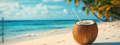 Tropical Coconut Cocktail on White Beach with Ocean and Palm Trees