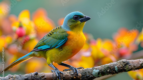 Amazon Blue-backed Manakin perched on a branch, its vibrant plumage and distinctive color visible photo