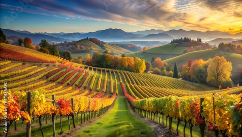 Autumn vineyard with a scenic view of rolling hills and grapevines