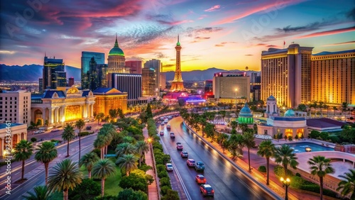 Vibrant cityscape of the Las Vegas Strip at dusk, featuring colorful neon lights, grand casinos, and bustling streets with towering hotels and palm trees. photo