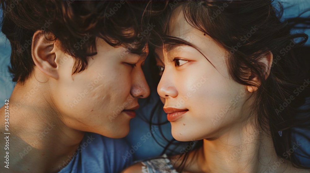 Fototapeta premium Asian man and woman looking at each other with their faces close together in intimate moment.