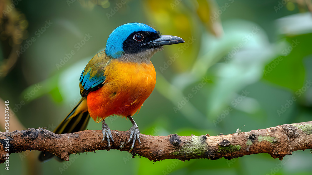 Amazon Blue-crowned Motmot perched on a branch, its vibrant colors standing out against the green Amazon Blue-crowned Motmot perched on a branch, its vibrant colors standing out against the green
