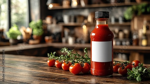 Close-Up of Red Ketchup Bottle with Blank White Label on Wooden Table in Kitchen Interior - Photorealistic High-Resolution Mockup Design Template

 photo