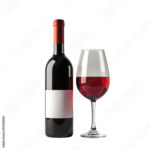 red wine bottle mock up with wine glass isolated on transparent background photo