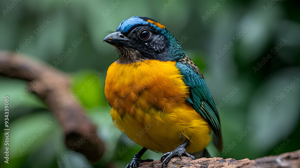 Obraz premium Amazon Blue-crowned Trogon perched on a branch, its vibrant colors standing out against the green