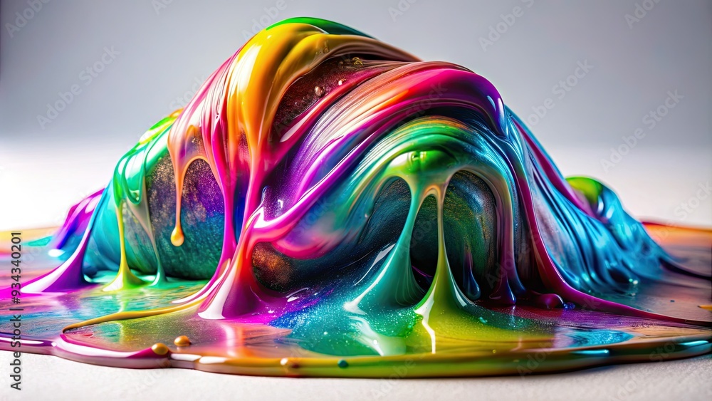 Vibrant, colorful slime oozes and stretches, glistening with iridescent ...