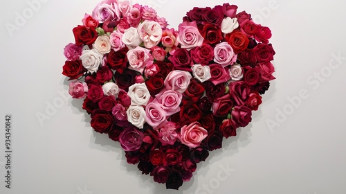 Heart-shaped arrangement of red, pink, and white roses on a white background