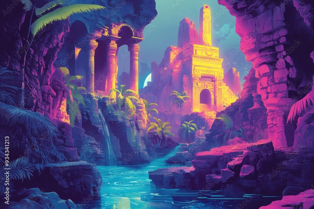 An ancient temple ruins landscape with a river and lush foliage in a neon color palette An ancient temple ruins landscape with a river and lush foliage in a neon color palette