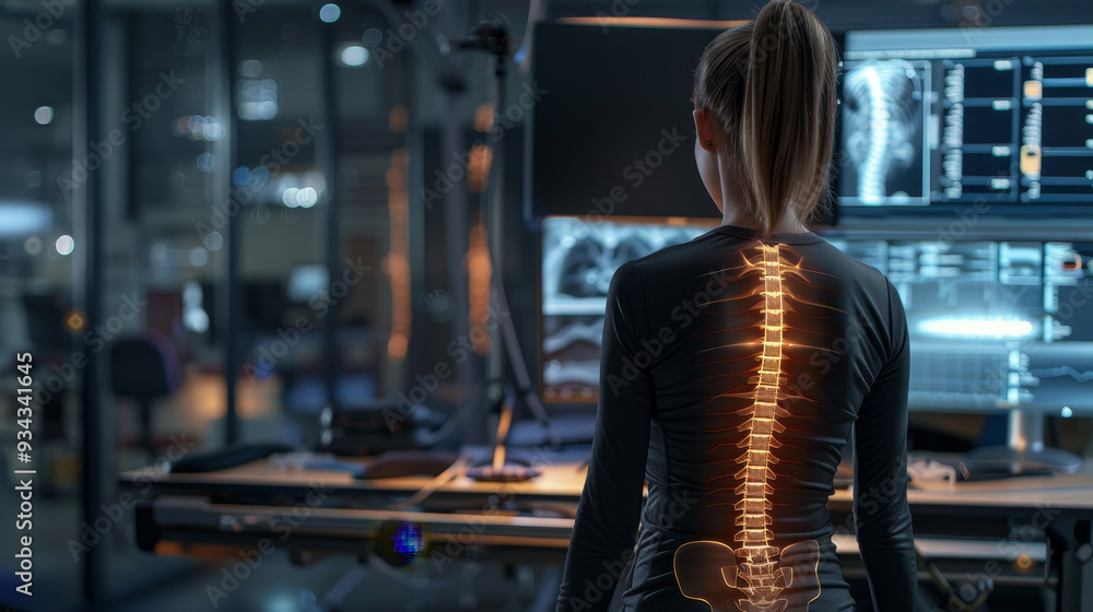 Fototapeta premium A woman is sitting in front of a computer monitor with a spine image on it