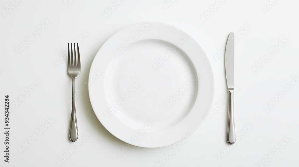 Empty Plate with Cutlery on White Background for Minimalist Food Themes Empty Plate with Cutlery on White Background for Minimalist Food Themes