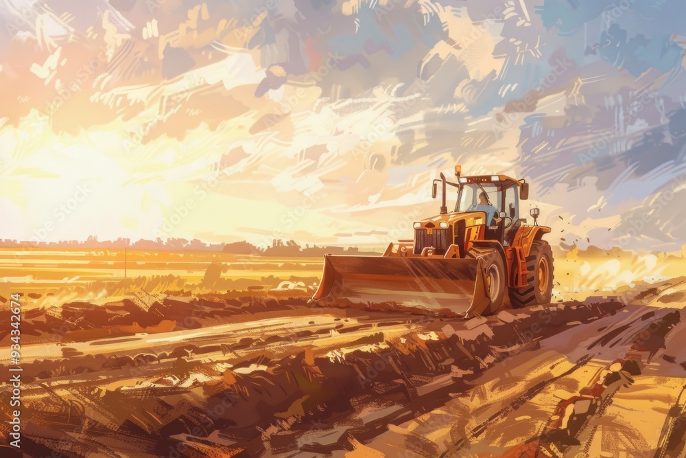 A vibrant orange tractor plows through fertile fields under a golden sunset. This piece evokes rural life and hard work. A beautiful landscape painting. Generative AI A vibrant orange tractor plows through fertile fields under a golden sunset. This piece evokes rural life and hard work. A beautiful landscape painting. Generative AI
