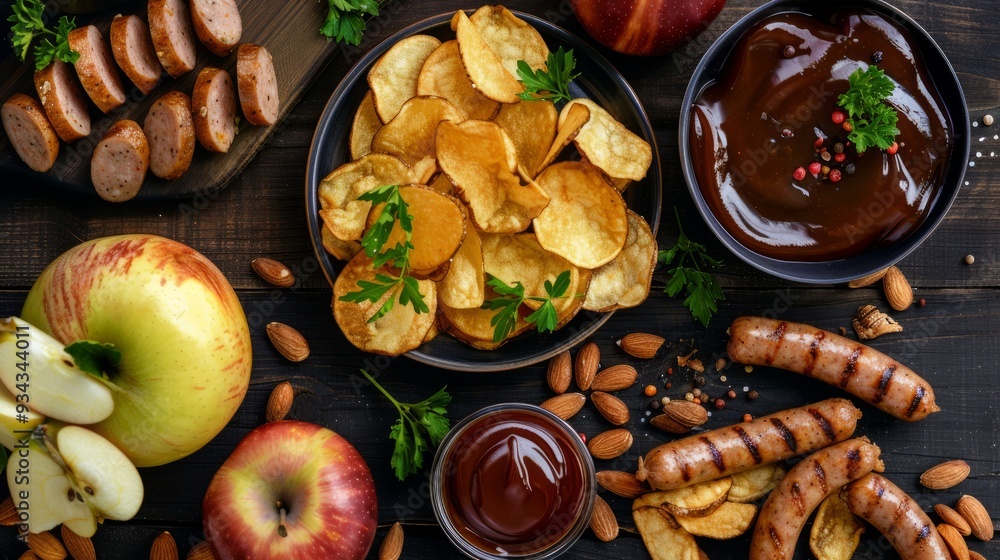 flat lay photography of sliced apples, sausages, chips and brown sauce flat lay photography of sliced apples, sausages, chips and brown sauce
