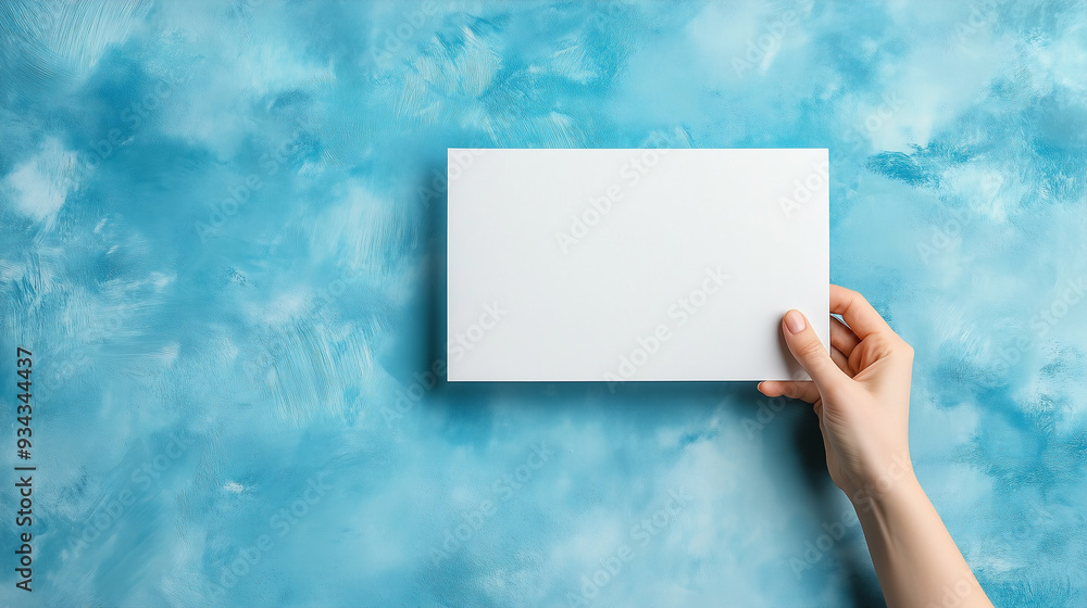 A minimalist image featuring a hand holding a blank sheet of paper against a textured blue background. The scene offers ample negative space, perfect for adding text, logos, or promotional content. A minimalist image featuring a hand holding a blank sheet of paper against a textured blue background. The scene offers ample negative space, perfect for adding text, logos, or promotional content.